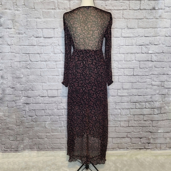 Ecote Dress Black Sheer Maroon Floral Print Split Long Sleeve V Neck Maxi Size S - Picture 9 of 12